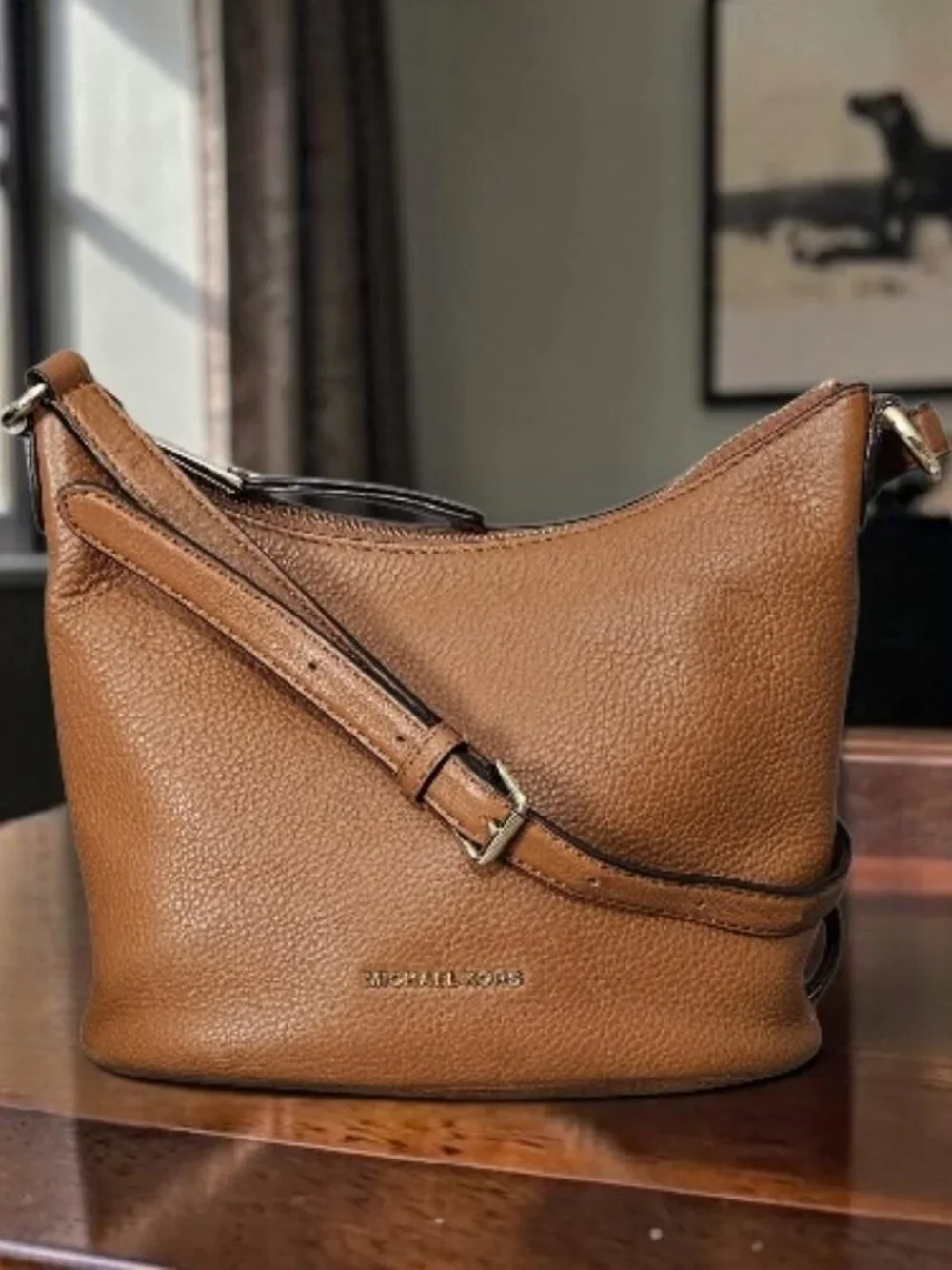 Michael Kors Lupita Pebble Leather Hobo Messenger Shoulder Bag COA Brown